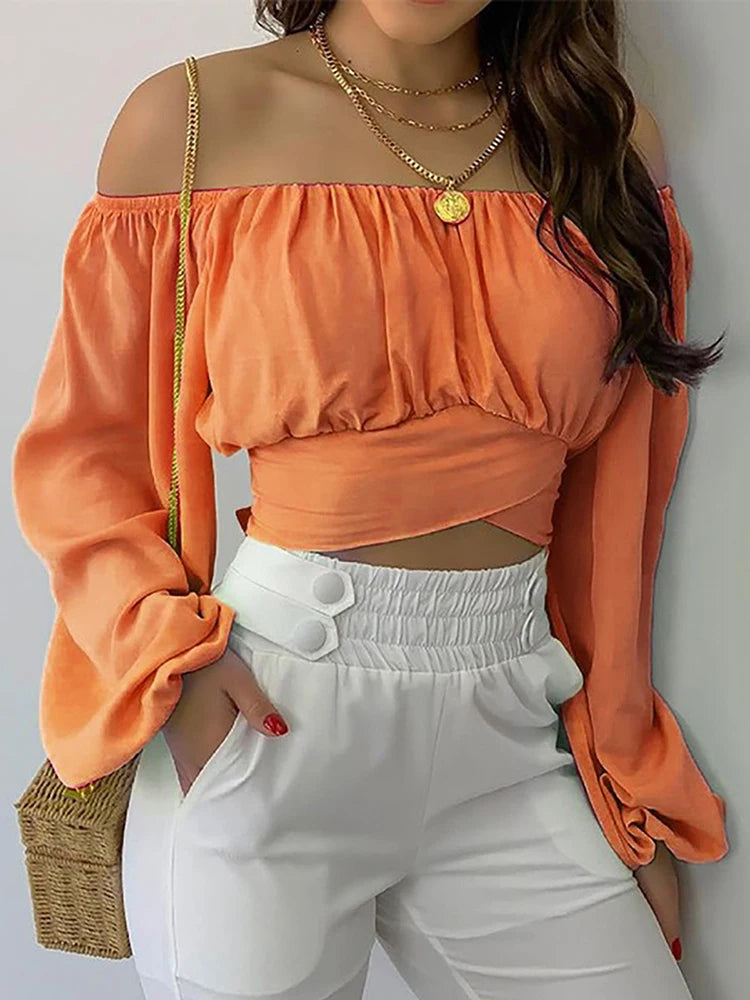 Blusa sexy con hombros descubiertos para mujer, elegante y chic, con estampado de farol, manga larga, con lazo y cordones, tops cortos