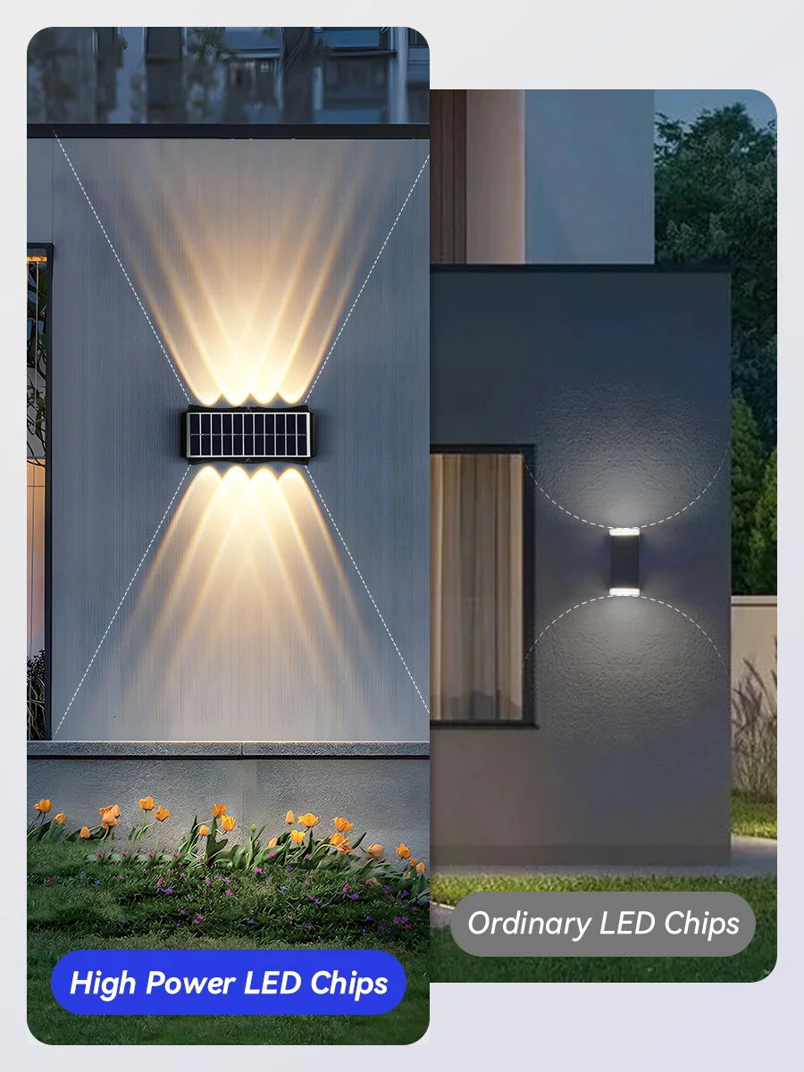 Lámpara de pared solar para exteriores, luz cálida, impermeable, iluminación vertical y vertical, iluminación decorativa para balcón, patio, jardín, pared exterior