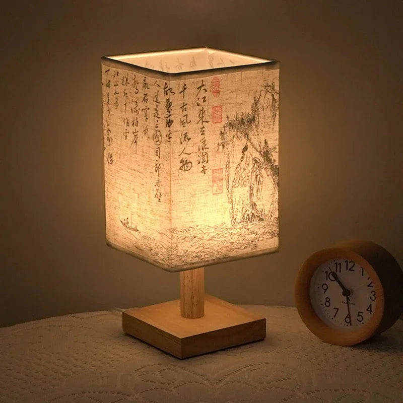Lámparas de mesa decorativas LED de estilo chino simple, con enchufe regulable, luz nocturna de tela, lámpara cuadrada para dormitorio