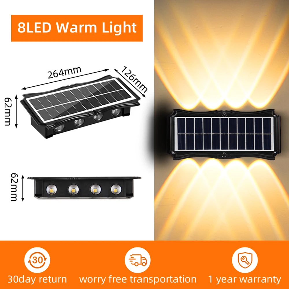 Lámpara de pared solar para exteriores, luz cálida, impermeable, iluminación vertical y vertical, iluminación decorativa para balcón, patio, jardín, pared exterior
