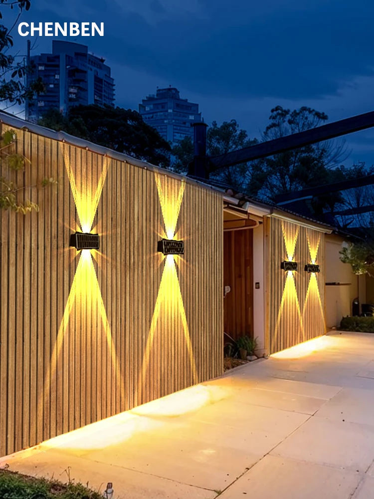 Lámpara de pared solar para exteriores, luz cálida, impermeable, iluminación vertical y vertical, iluminación decorativa para balcón, patio, jardín, pared exterior