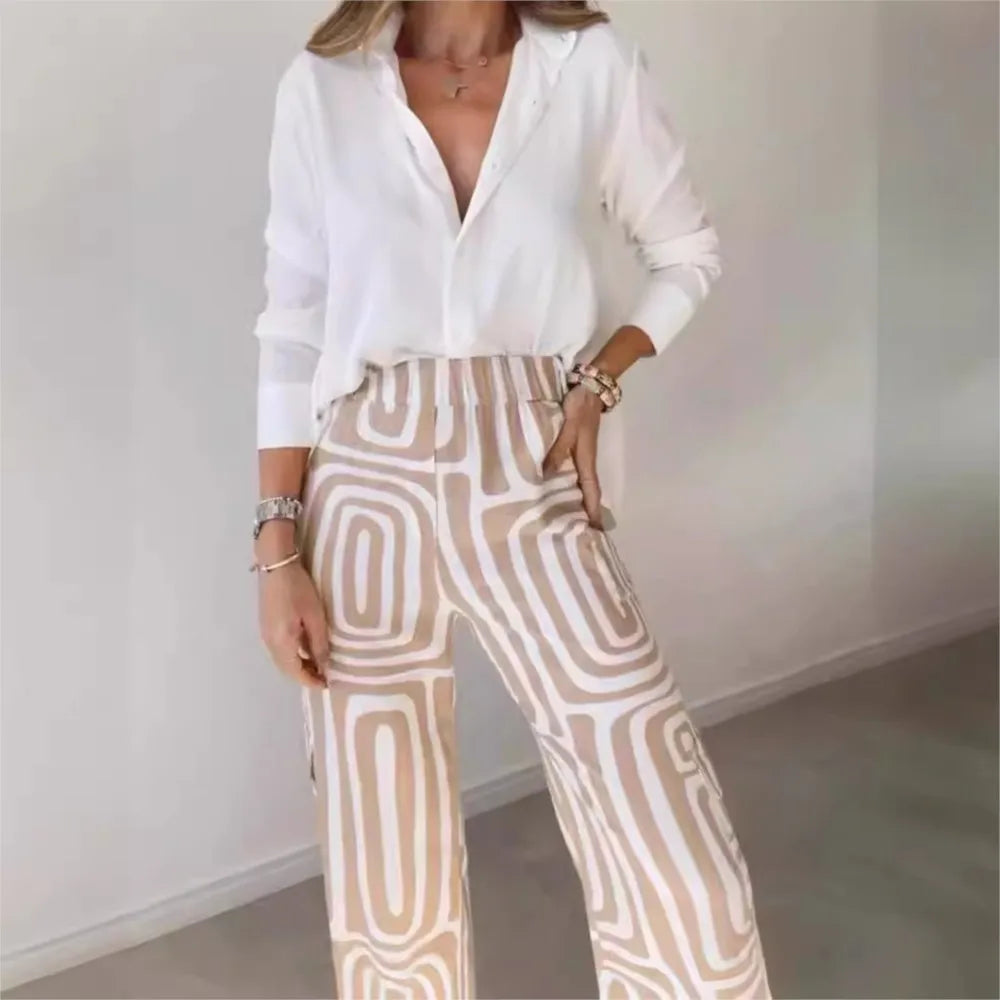 Conjunto de blusa blanca y pantalones anchos para mujer, traje informal 2024, camisa con estampado digital, pantalones holgados, conjunto de dos piezas