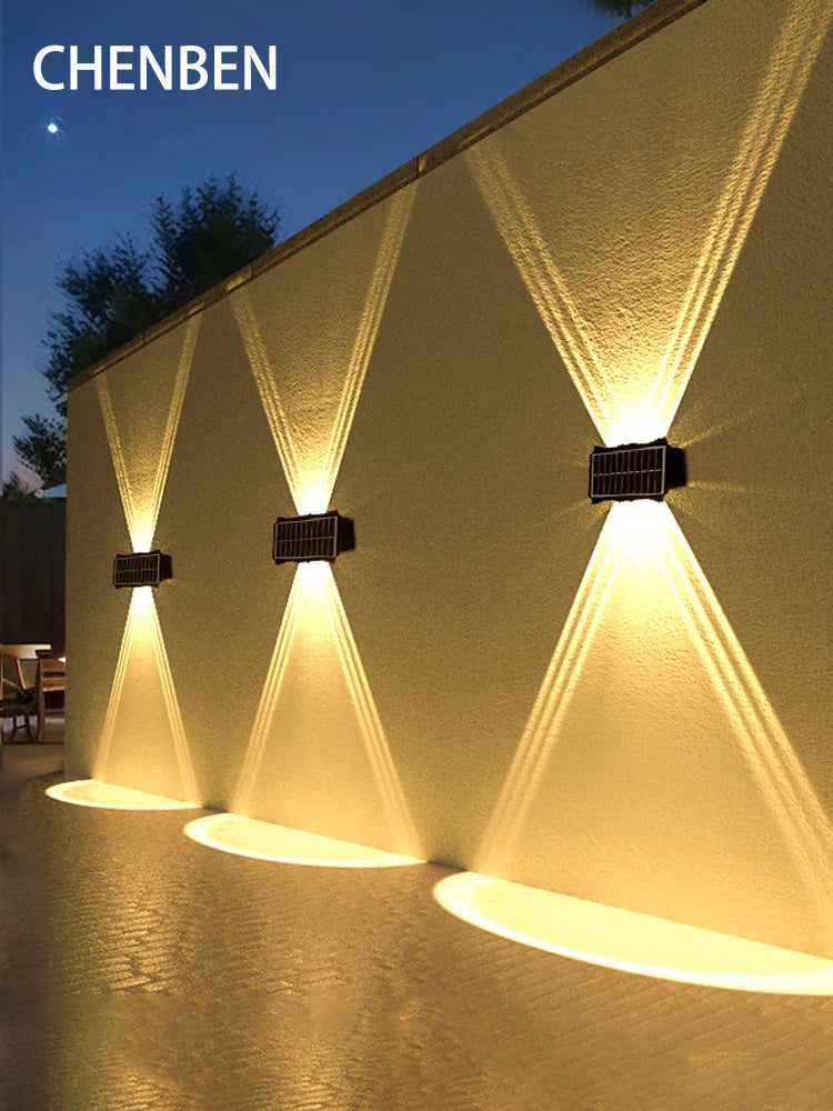 Lámpara de pared solar para exteriores, luz cálida, impermeable, iluminación vertical y vertical, iluminación decorativa para balcón, patio, jardín, pared exterior