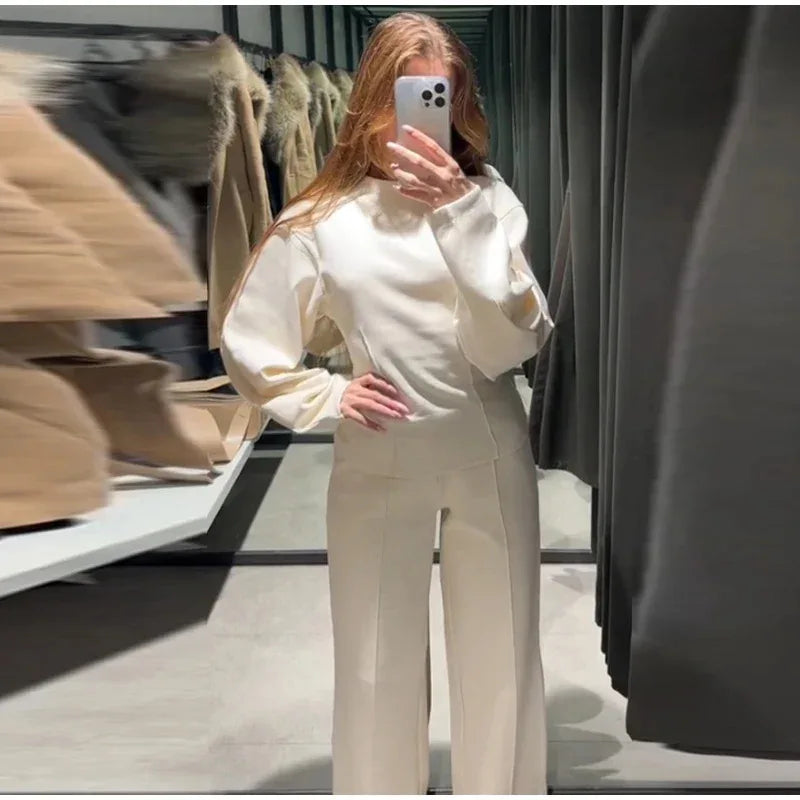 Nueva ropa de moda para mujer, manga larga, cuello redondo, top plisado, tela de doble cara, top de oficina, pantalones casuales