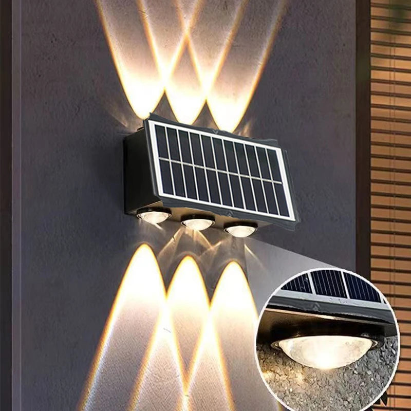 Lámpara de pared solar para exteriores, luz cálida, impermeable, iluminación vertical y vertical, iluminación decorativa para balcón, patio, jardín, pared exterior