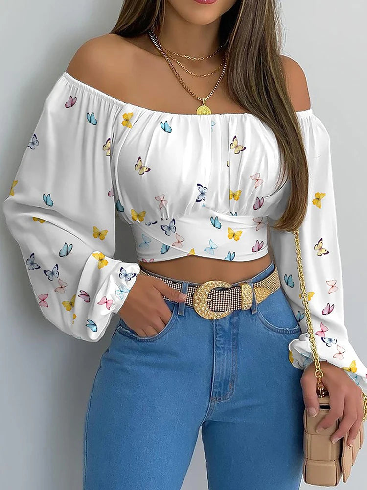 Blusa sexy con hombros descubiertos para mujer, elegante y chic, con estampado de farol, manga larga, con lazo y cordones, tops cortos