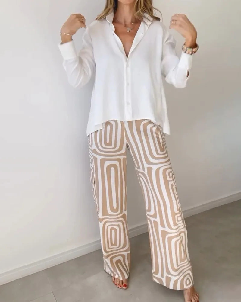 Conjunto de blusa blanca y pantalones anchos para mujer, traje informal 2024, camisa con estampado digital, pantalones holgados, conjunto de dos piezas