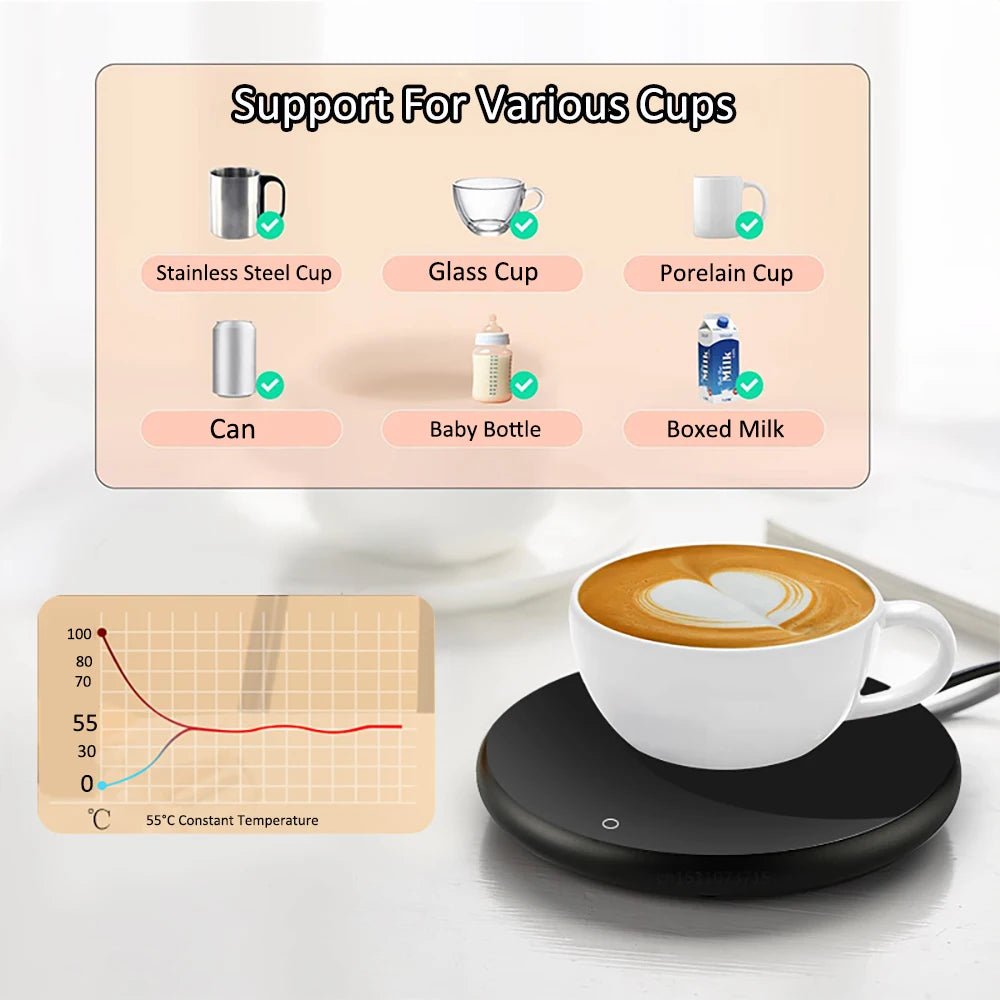 Calentador de tazas eléctrico con USB para café, leche, té, agua, almohadilla térmica inteligente, posavasos termostáticos para el hogar, la oficina y el escritorio.