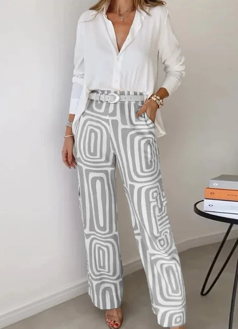 Conjunto de blusa blanca y pantalones anchos para mujer, traje informal 2024, camisa con estampado digital, pantalones holgados, conjunto de dos piezas