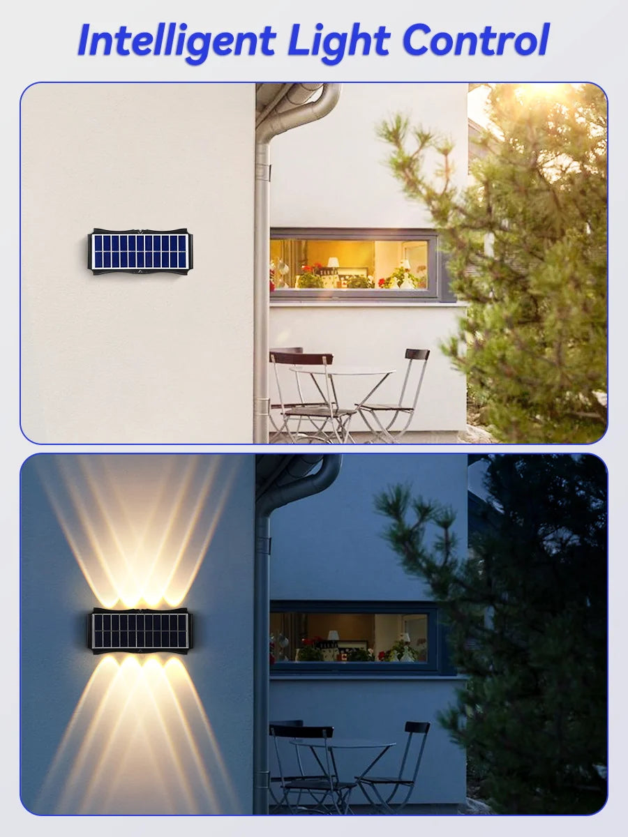 Lámpara de pared solar para exteriores, luz cálida, impermeable, iluminación vertical y vertical, iluminación decorativa para balcón, patio, jardín, pared exterior
