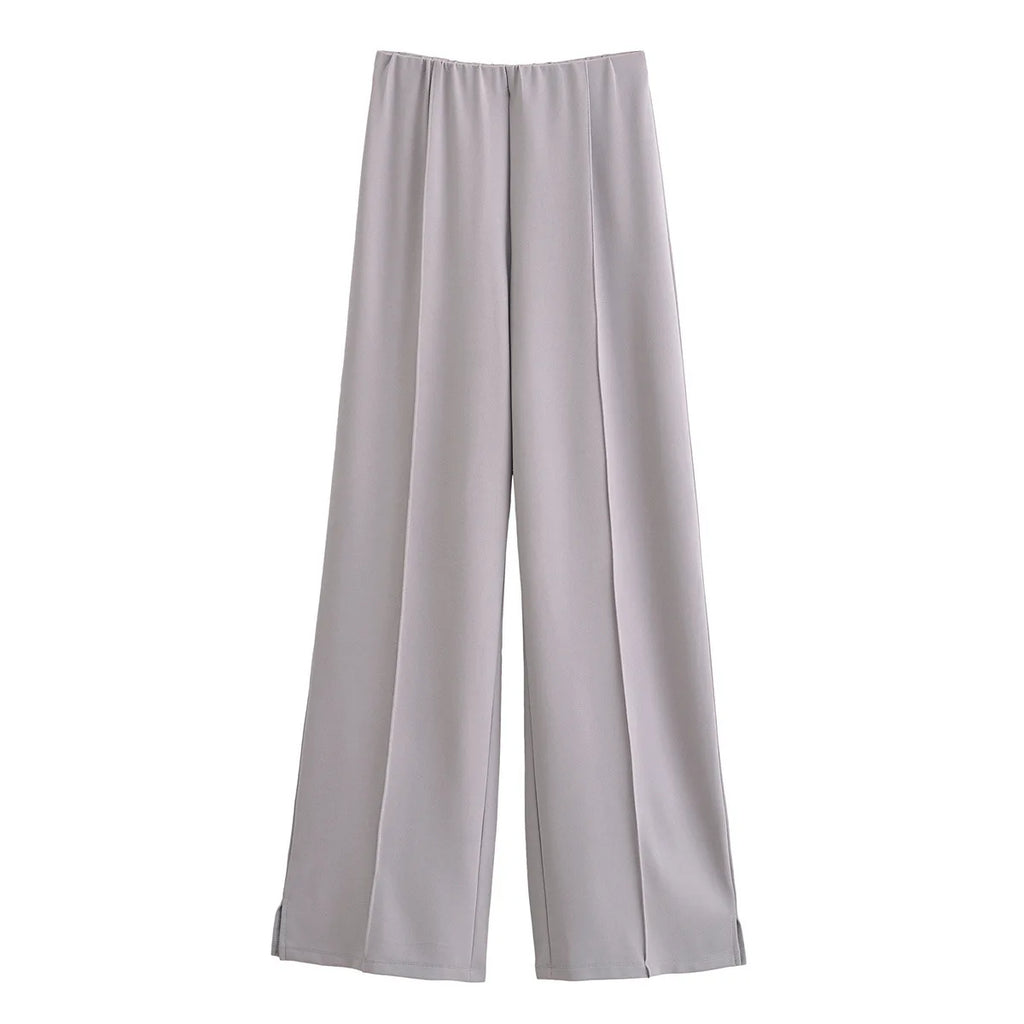 Nueva ropa de moda para mujer, manga larga, cuello redondo, top plisado, tela de doble cara, top de oficina, pantalones casuales