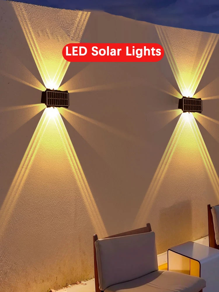 Lámpara de pared solar para exteriores, luz cálida, impermeable, iluminación vertical y vertical, iluminación decorativa para balcón, patio, jardín, pared exterior