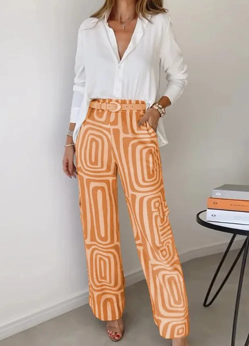 Conjunto de blusa blanca y pantalones anchos para mujer, traje informal 2024, camisa con estampado digital, pantalones holgados, conjunto de dos piezas