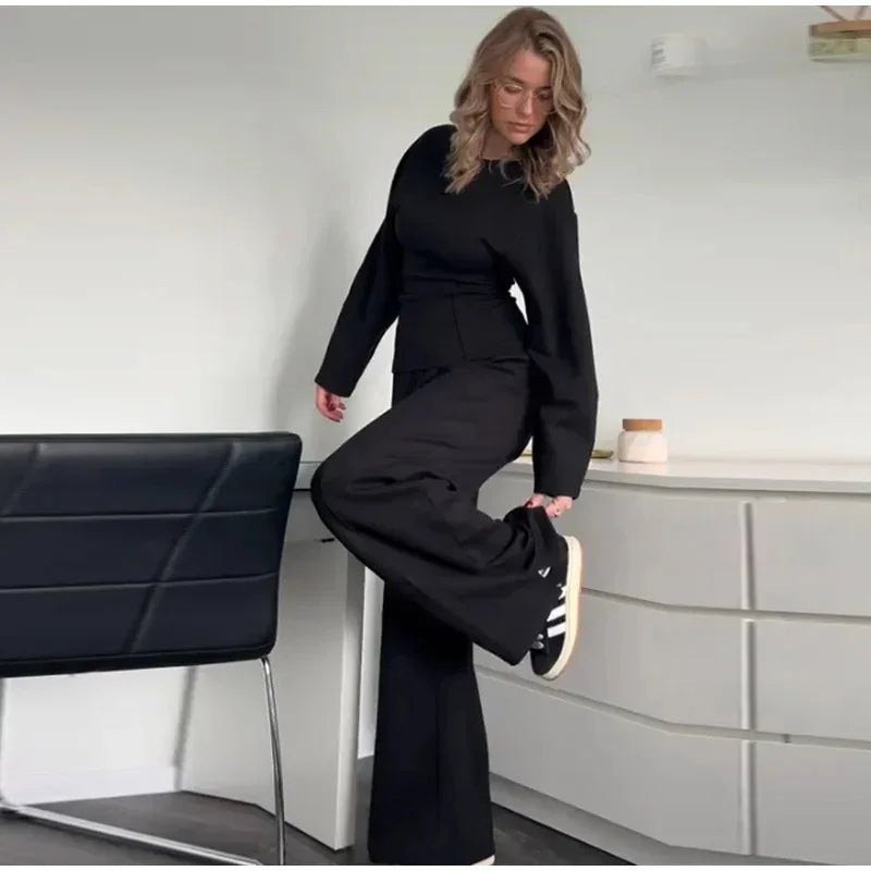 Nueva ropa de moda para mujer, manga larga, cuello redondo, top plisado, tela de doble cara, top de oficina, pantalones casuales