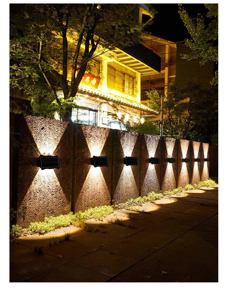 Lámpara de pared solar para exteriores, luz cálida, impermeable, iluminación vertical y vertical, iluminación decorativa para balcón, patio, jardín, pared exterior