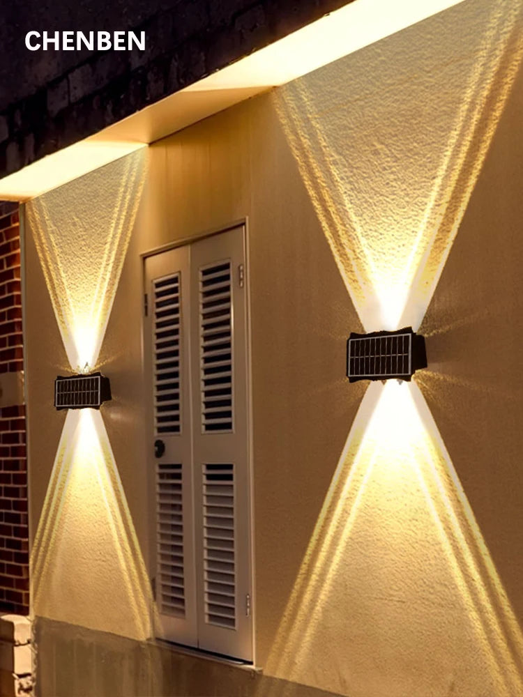 Lámpara de pared solar para exteriores, luz cálida, impermeable, iluminación vertical y vertical, iluminación decorativa para balcón, patio, jardín, pared exterior