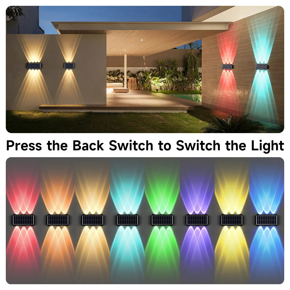 Lámpara de pared solar para exteriores, luz cálida, impermeable, iluminación vertical y vertical, iluminación decorativa para balcón, patio, jardín, pared exterior