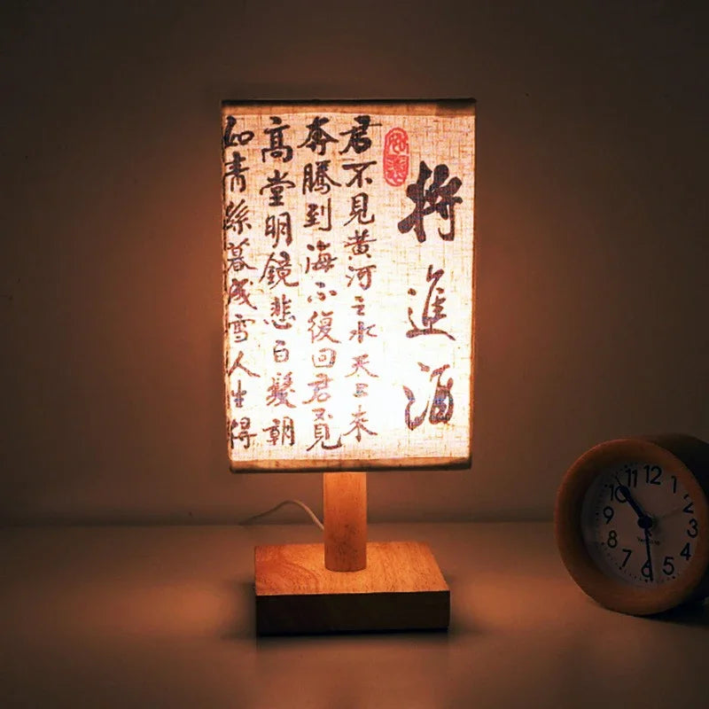 Lámparas de mesa decorativas LED de estilo chino simple, con enchufe regulable, luz nocturna de tela, lámpara cuadrada para dormitorio