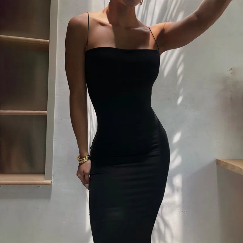 Vestido negro sexy de verano para mujer, sin mangas, espalda descubierta, liso, con tirantes finos, ajustado, informal, elegante, para fiesta y club.