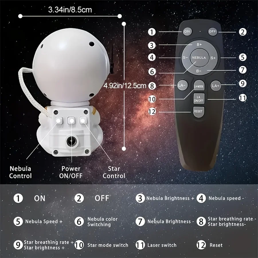 Proyector de luz nocturna de astronauta y galaxia, control remoto y cabezal giratorio de 360°, decoración de habitación