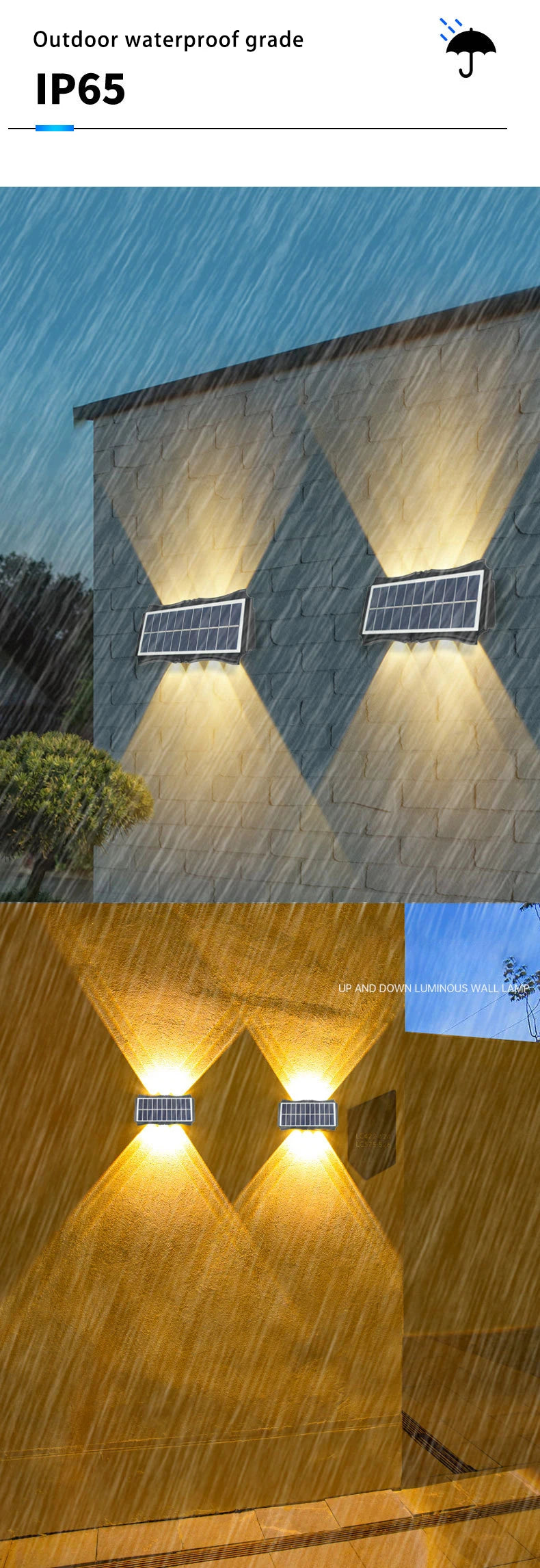 Lámpara de pared solar para exteriores, luz cálida, impermeable, iluminación vertical y vertical, iluminación decorativa para balcón, patio, jardín, pared exterior