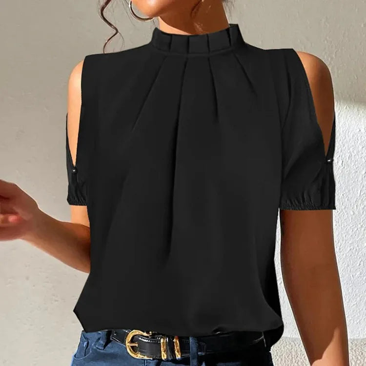 Blusas y tops de oficina sexis con hombros descubiertos para mujer, blusa informal de manga corta de verano 2025, blusa negra para mujer