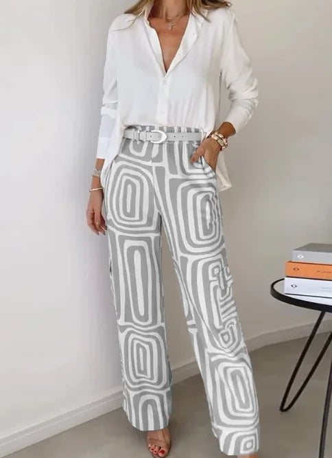 Conjunto de blusa blanca y pantalones anchos para mujer, traje informal 2024, camisa con estampado digital, pantalones holgados, conjunto de dos piezas