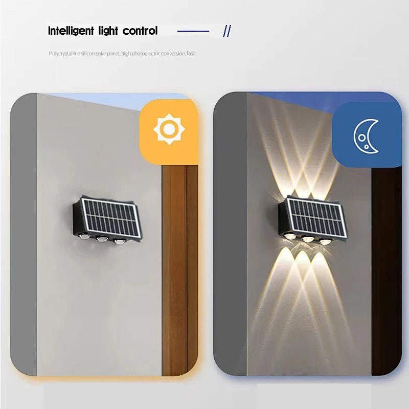 Lámpara de pared solar para exteriores, luz cálida, impermeable, iluminación vertical y vertical, iluminación decorativa para balcón, patio, jardín, pared exterior