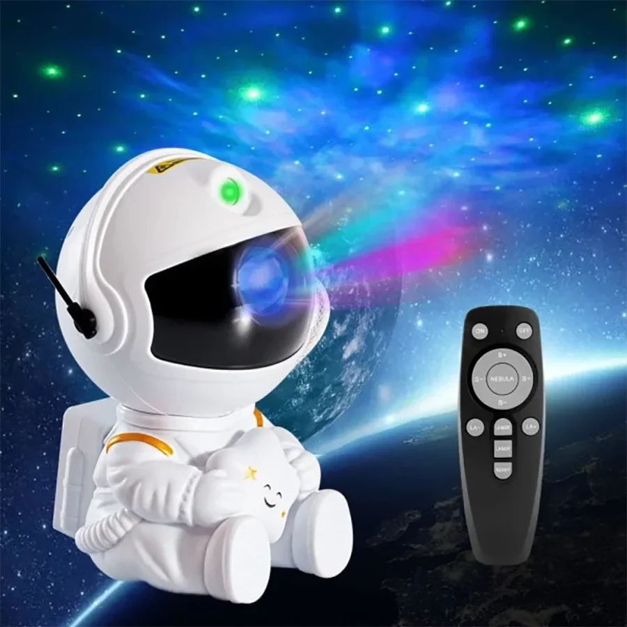 Proyector de luz nocturna de astronauta y galaxia, control remoto y cabezal giratorio de 360°, decoración de habitación