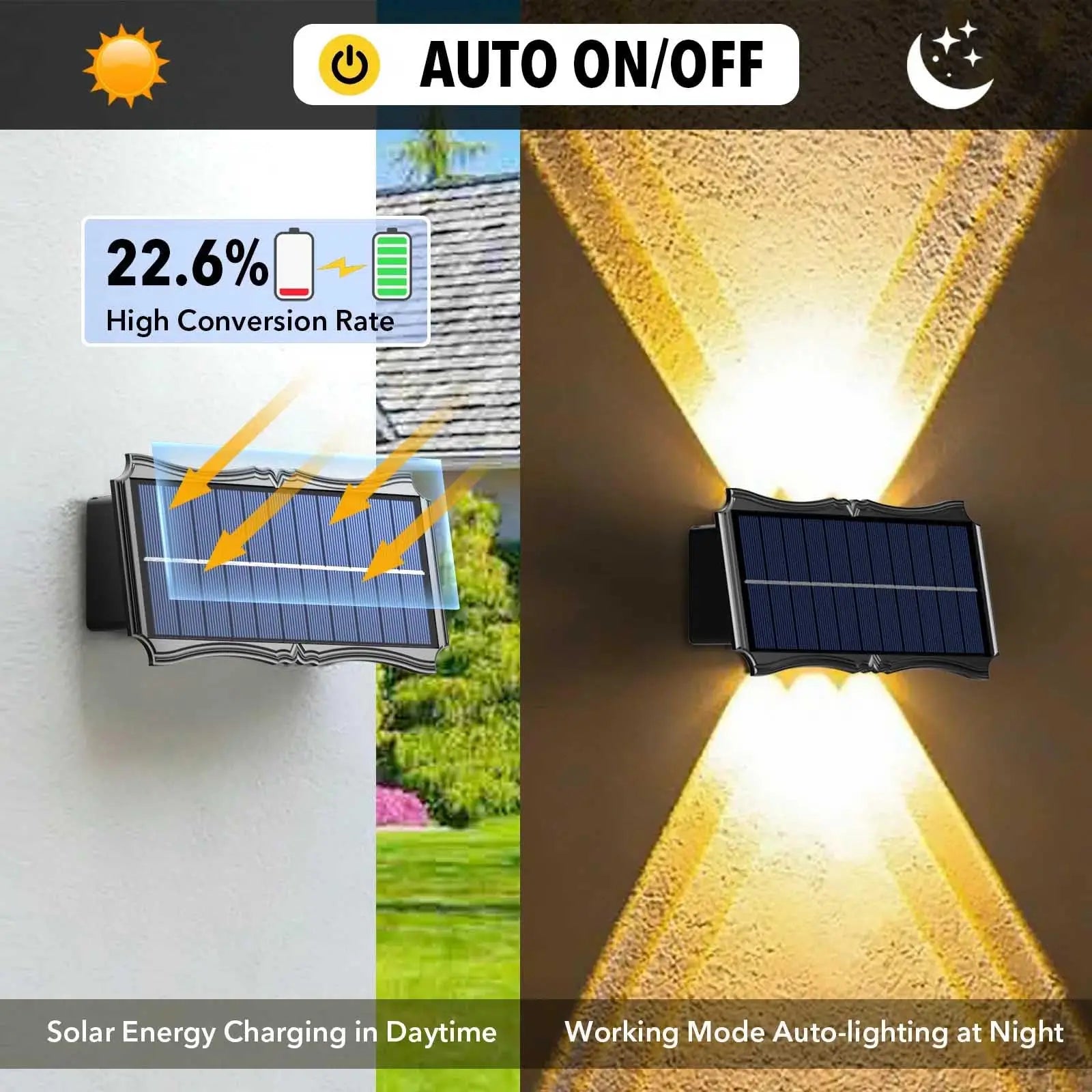 Lámpara de pared solar para exteriores, luz cálida, impermeable, iluminación vertical y vertical, iluminación decorativa para balcón, patio, jardín, pared exterior
