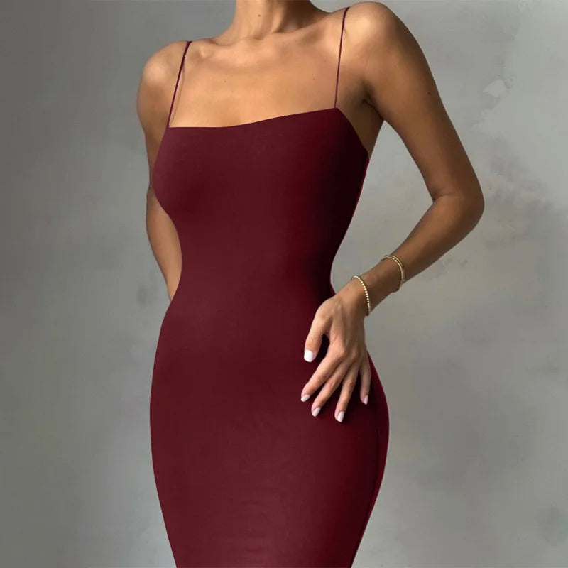 Vestido negro sexy de verano para mujer, sin mangas, espalda descubierta, liso, con tirantes finos, ajustado, informal, elegante, para fiesta y club.