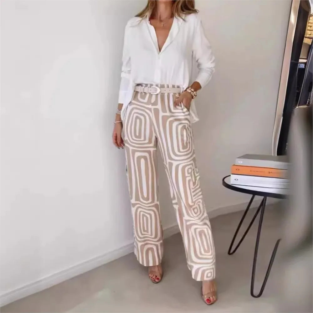 Conjunto de blusa blanca y pantalones anchos para mujer, traje informal 2024, camisa con estampado digital, pantalones holgados, conjunto de dos piezas