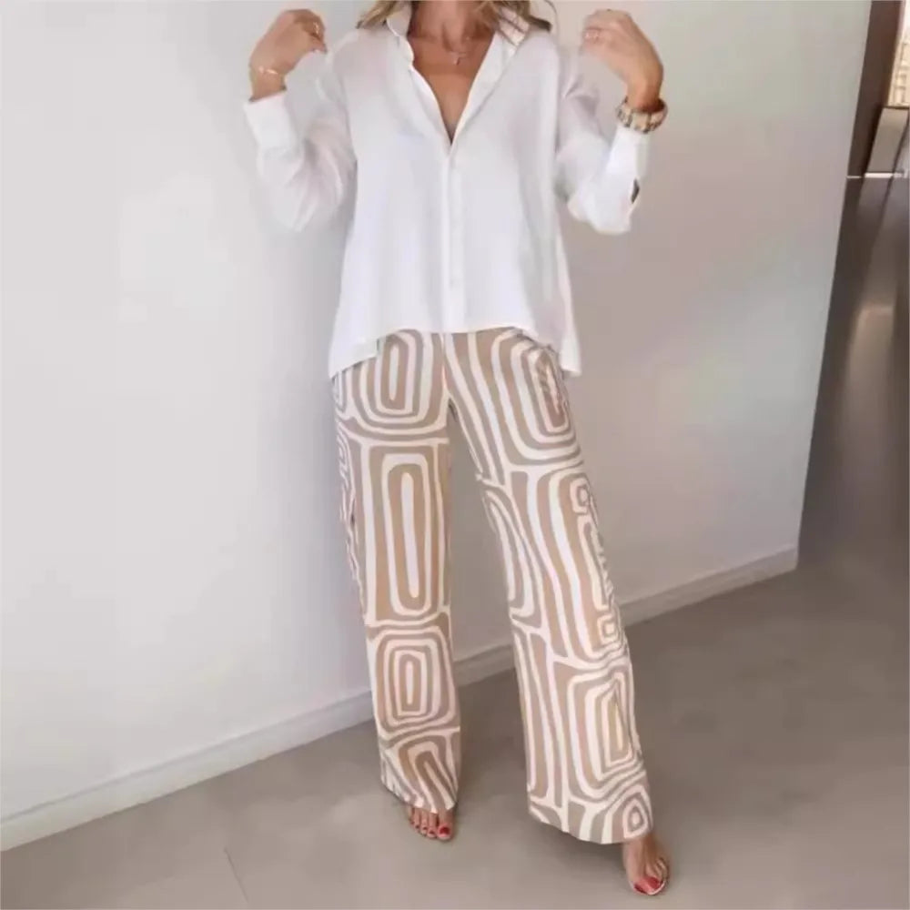Conjunto de blusa blanca y pantalones anchos para mujer, traje informal 2024, camisa con estampado digital, pantalones holgados, conjunto de dos piezas