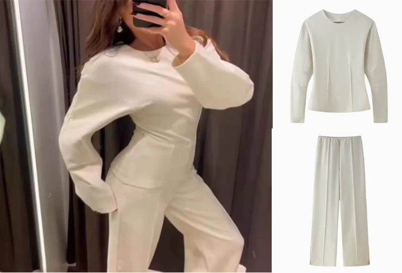 Nueva ropa de moda para mujer, manga larga, cuello redondo, top plisado, tela de doble cara, top de oficina, pantalones casuales