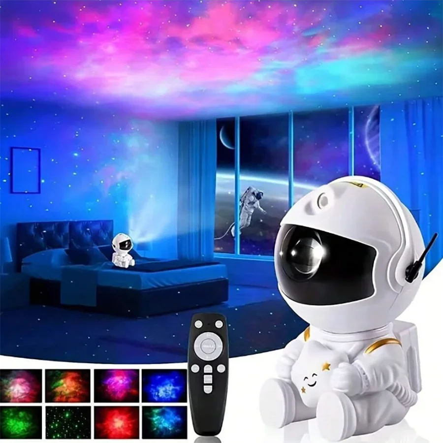 Proyector de luz nocturna de astronauta y galaxia, control remoto y cabezal giratorio de 360°, decoración de habitación