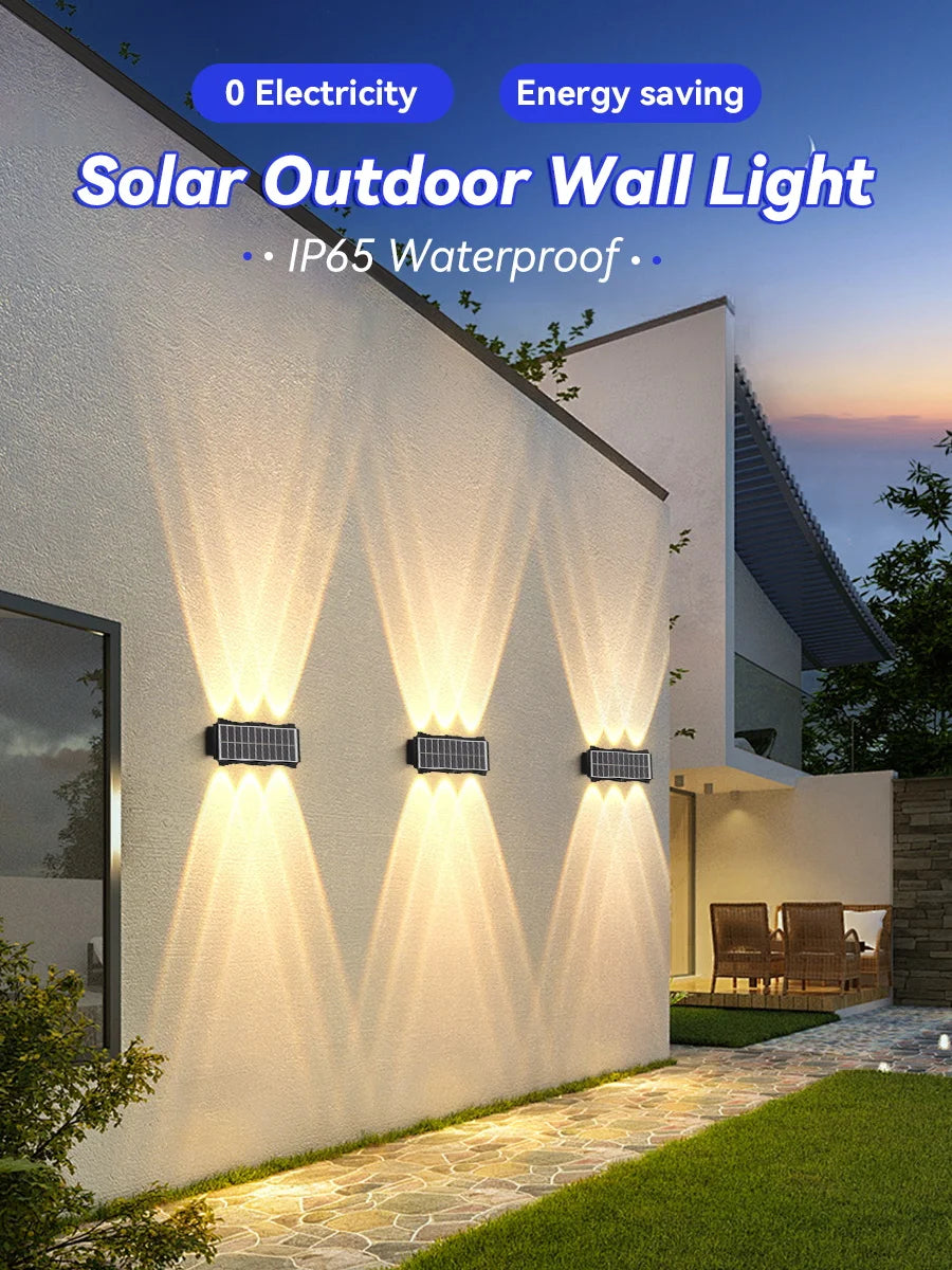 Lámpara de pared solar para exteriores, luz cálida, impermeable, iluminación vertical y vertical, iluminación decorativa para balcón, patio, jardín, pared exterior