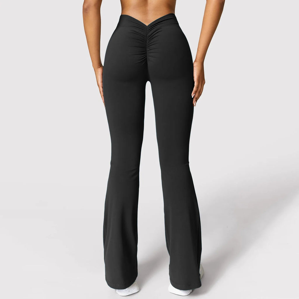 Leggings deportivos sexys para mujer, con espalda en V, fruncidos, acampanados, de cintura alta, para yoga, push up, para gimnasio, ropa de yoga para mujer