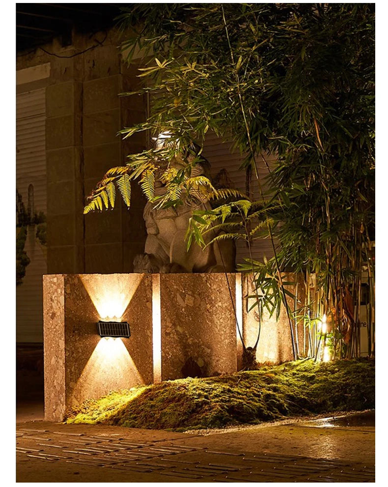 Lámpara de pared solar para exteriores, luz cálida, impermeable, iluminación vertical y vertical, iluminación decorativa para balcón, patio, jardín, pared exterior