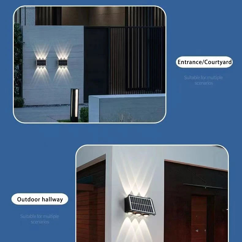 Lámpara de pared solar para exteriores, luz cálida, impermeable, iluminación vertical y vertical, iluminación decorativa para balcón, patio, jardín, pared exterior