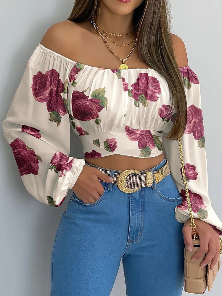 Blusa sexy con hombros descubiertos para mujer, elegante y chic, con estampado de farol, manga larga, con lazo y cordones, tops cortos