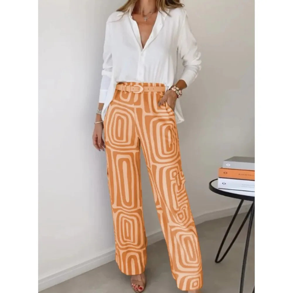 Conjunto de blusa blanca y pantalones anchos para mujer, traje informal 2024, camisa con estampado digital, pantalones holgados, conjunto de dos piezas