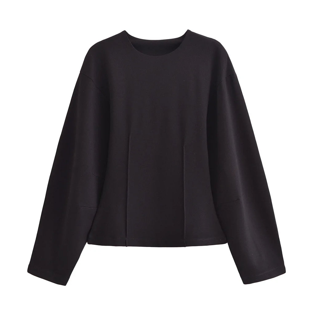 Nueva ropa de moda para mujer, manga larga, cuello redondo, top plisado, tela de doble cara, top de oficina, pantalones casuales