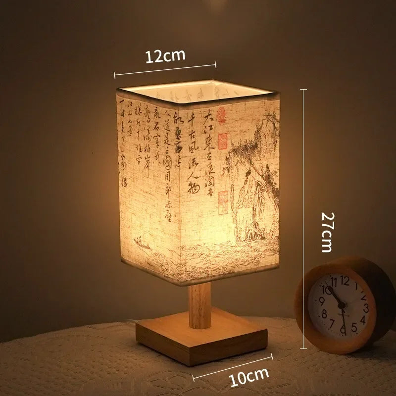 Lámparas de mesa decorativas LED de estilo chino simple, con enchufe regulable, luz nocturna de tela, lámpara cuadrada para dormitorio