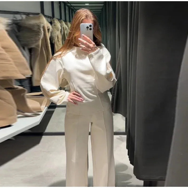 Nueva ropa de moda para mujer, manga larga, cuello redondo, top plisado, tela de doble cara, top de oficina, pantalones casuales