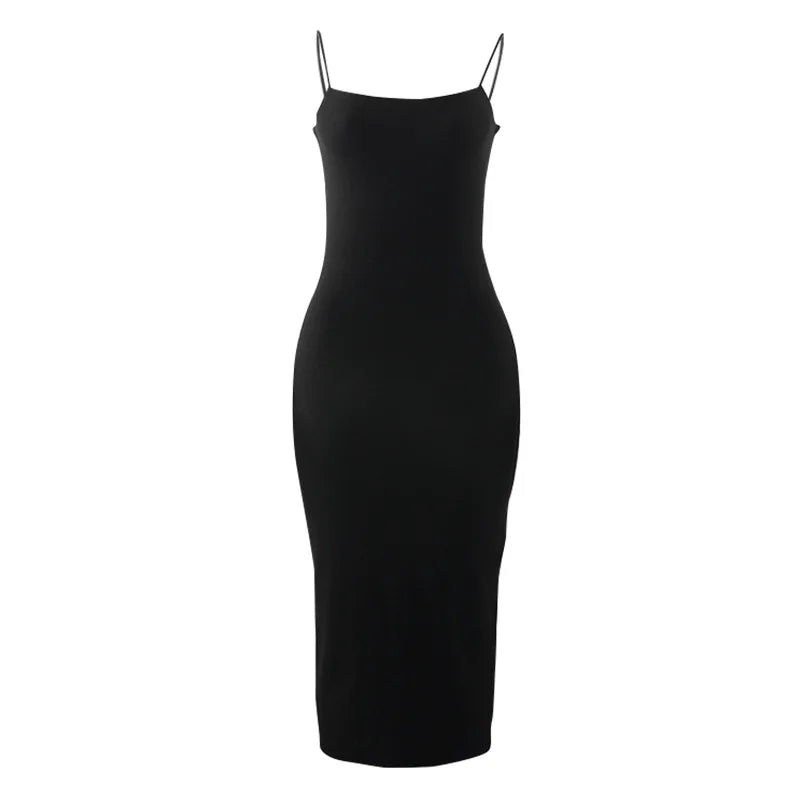 Vestido negro sexy de verano para mujer, sin mangas, espalda descubierta, liso, con tirantes finos, ajustado, informal, elegante, para fiesta y club.