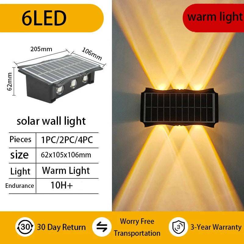 Lámpara de pared solar para exteriores, luz cálida, impermeable, iluminación vertical y vertical, iluminación decorativa para balcón, patio, jardín, pared exterior