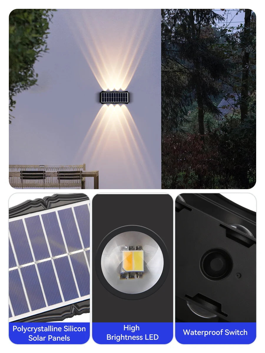Lámpara de pared solar para exteriores, luz cálida, impermeable, iluminación vertical y vertical, iluminación decorativa para balcón, patio, jardín, pared exterior