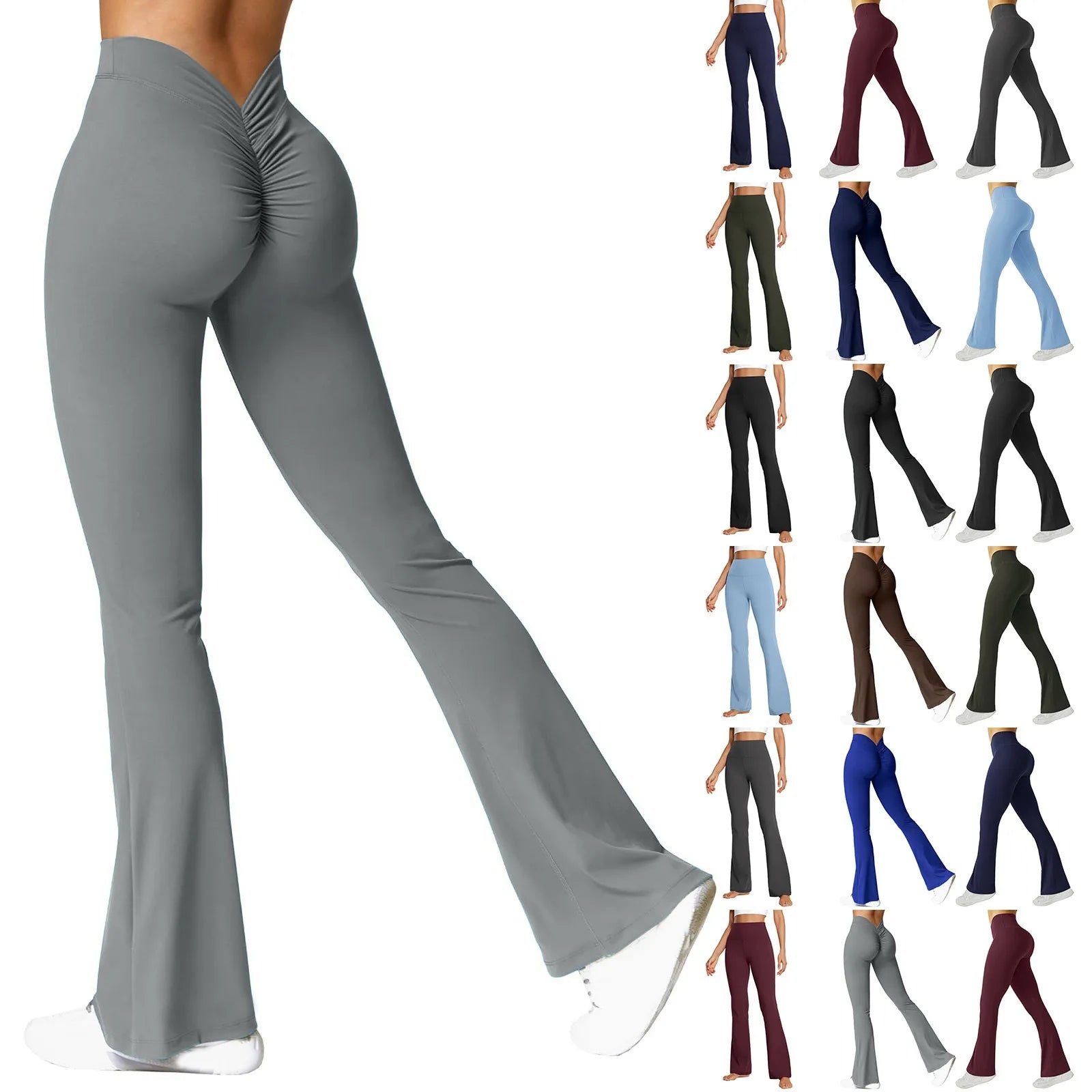 Leggings deportivos sexys para mujer, con espalda en V, fruncidos, acampanados, de cintura alta, para yoga, push up, para gimnasio, ropa de yoga para mujer
