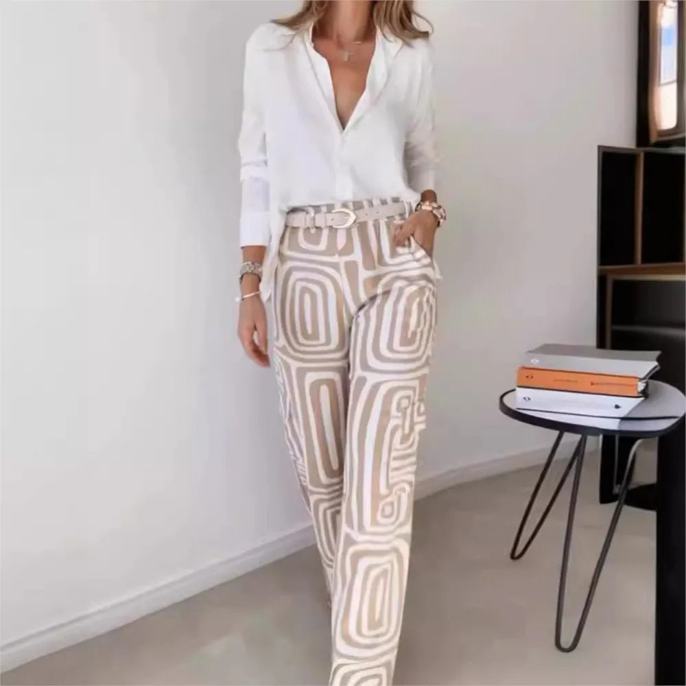 Conjunto de blusa blanca y pantalones anchos para mujer, traje informal 2024, camisa con estampado digital, pantalones holgados, conjunto de dos piezas