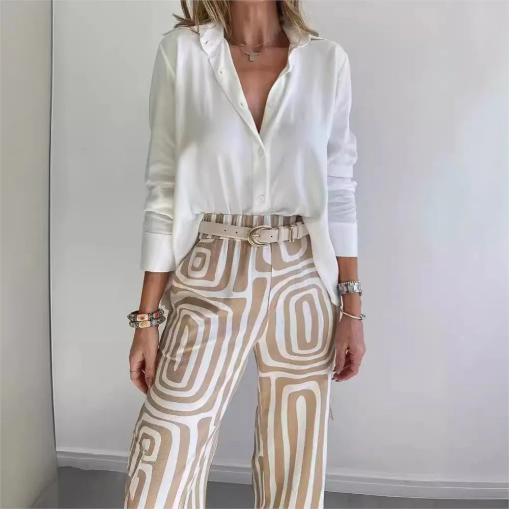 Conjunto de blusa blanca y pantalones anchos para mujer, traje informal 2024, camisa con estampado digital, pantalones holgados, conjunto de dos piezas